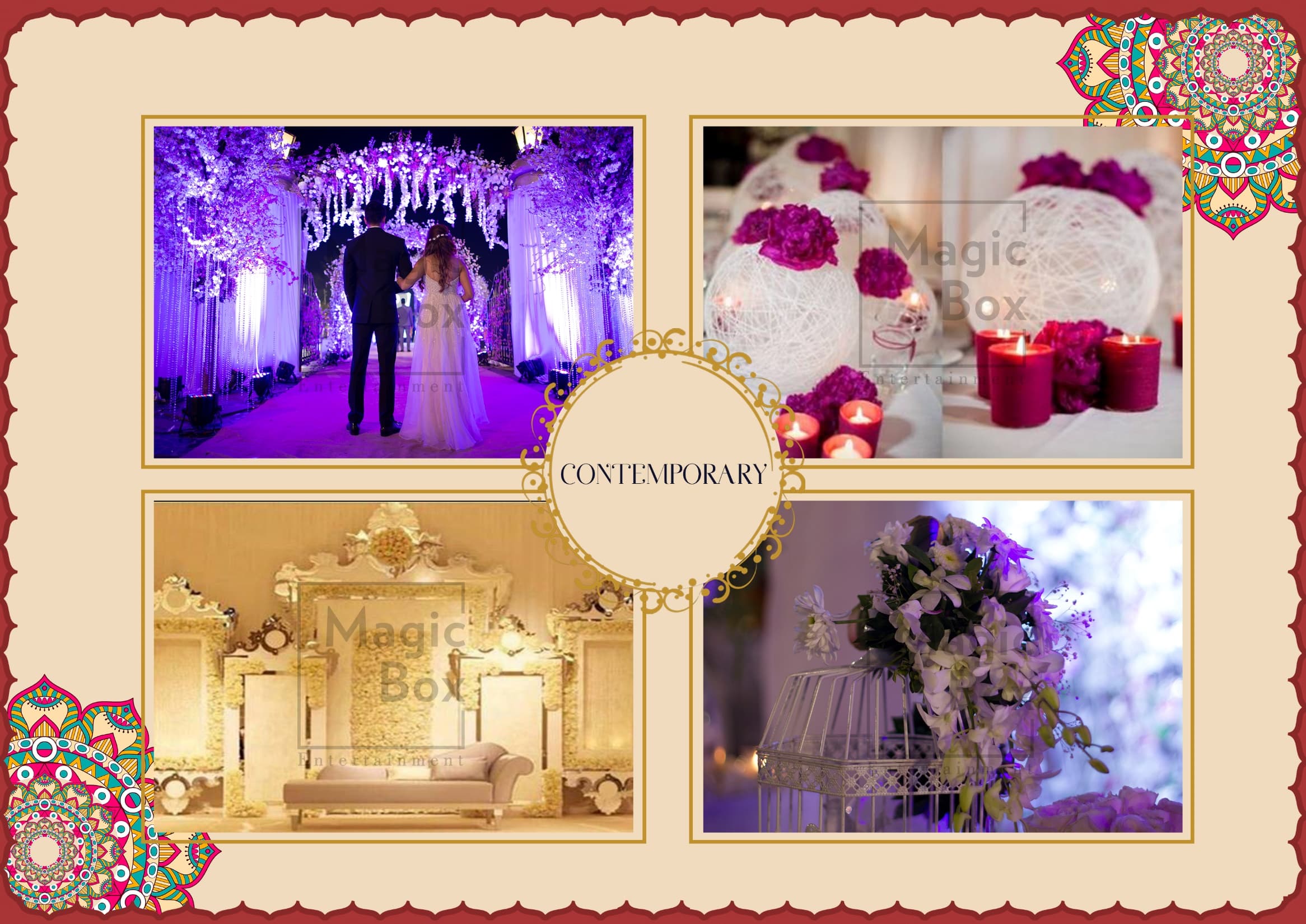 The Contemporary theme - a couple walking into a wedding through an illuminated arch of white blossom and crystal strands, alongside an ivory mirrored stage, spun-thread globes with magenta blooms among red candles, and a caged orchid centrepiece
